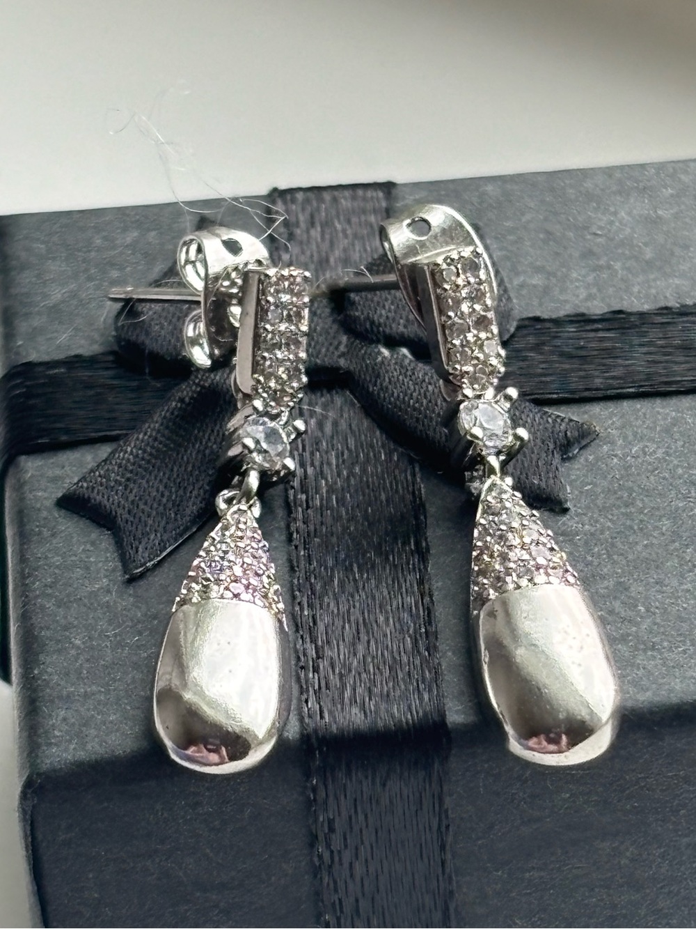 Silver Tone Teardrop Dangle Earrings White Gold Plated CZ Pave Bridal Drop